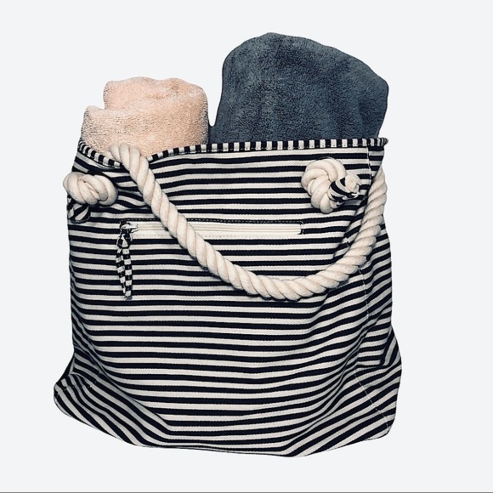 Buji Baja Women's Navy/ Ivory 💯 % Cotton Lined Rope Handle Beach‎ Tote Bag